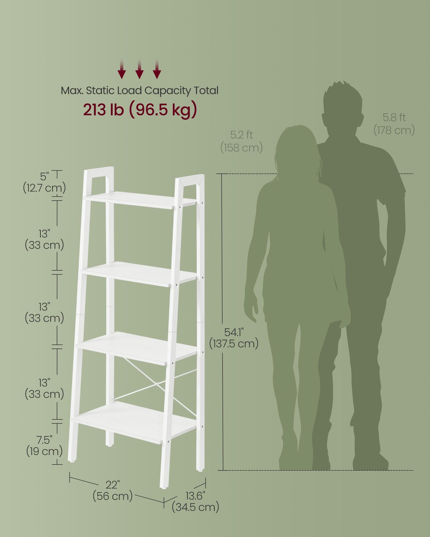VASAGLE BARNET Collection - Ladder Shelf, Bookshelf, Storage Rack, Modern Bookcase for Living Room Home Office Kitchen, Steel Frame, 4-Tier, 22-Inch Wide, Maple White and Pearl White ULLS044W44