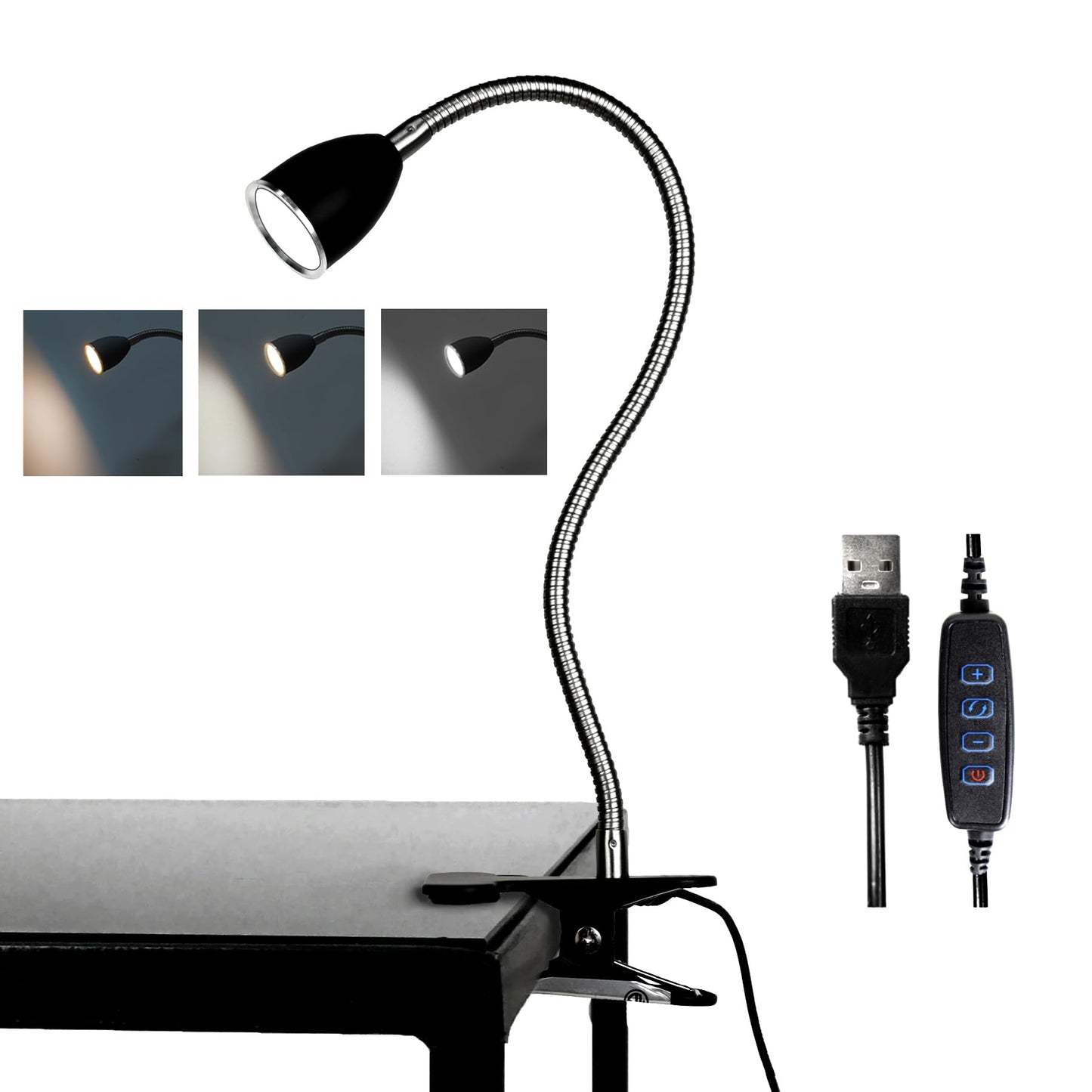 Desk lamp Eye-Caring Table Lamps, 360°Rotation Gooseneck Clip on Lamp Reading Light, Portable Reading Book Light, Clamp Light, Study Desk Lamps for Bedroom and Office Home Lighting (Black with Dimmer)
