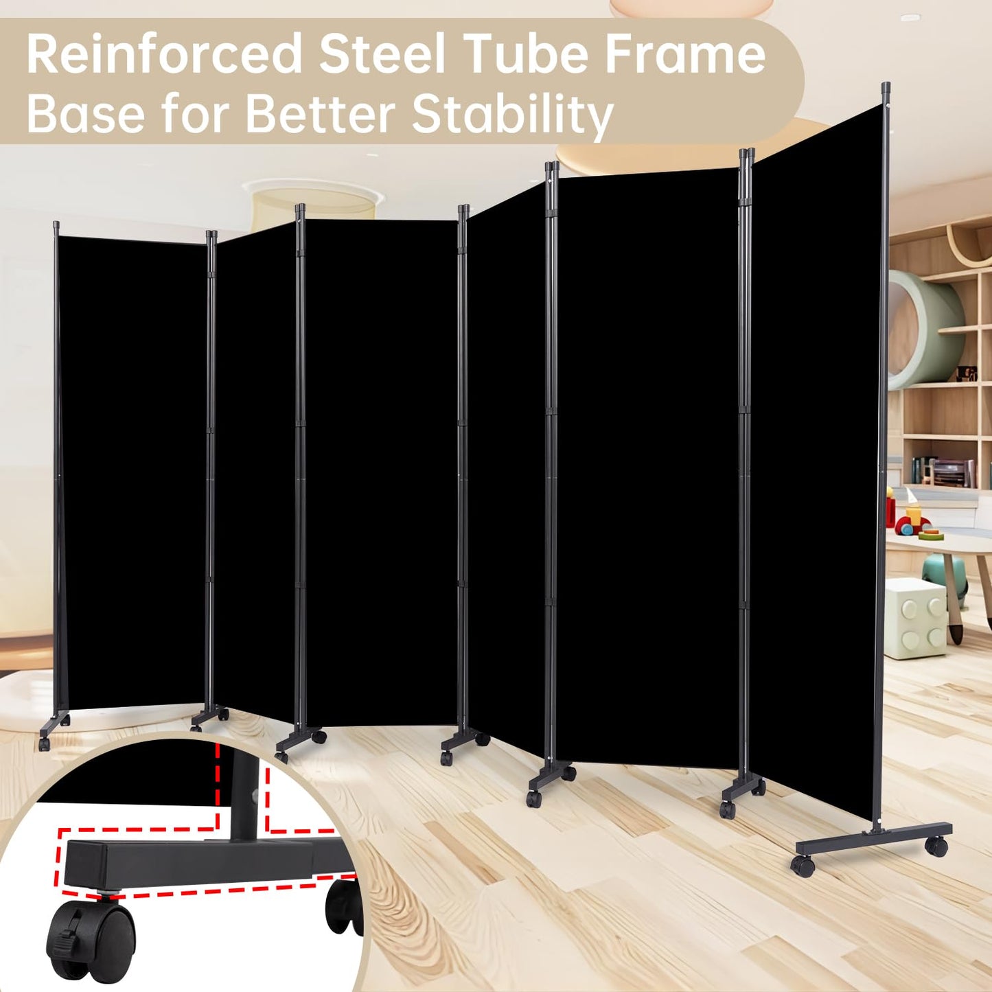 Room Divider 6 Panel Room Dividers/Wheels, Fabric Room Divider Panel for Office Room Partitions and Dividers, Portable Partition Wall Divider for Room Separation, Freestanding Privacy Screen Indoor