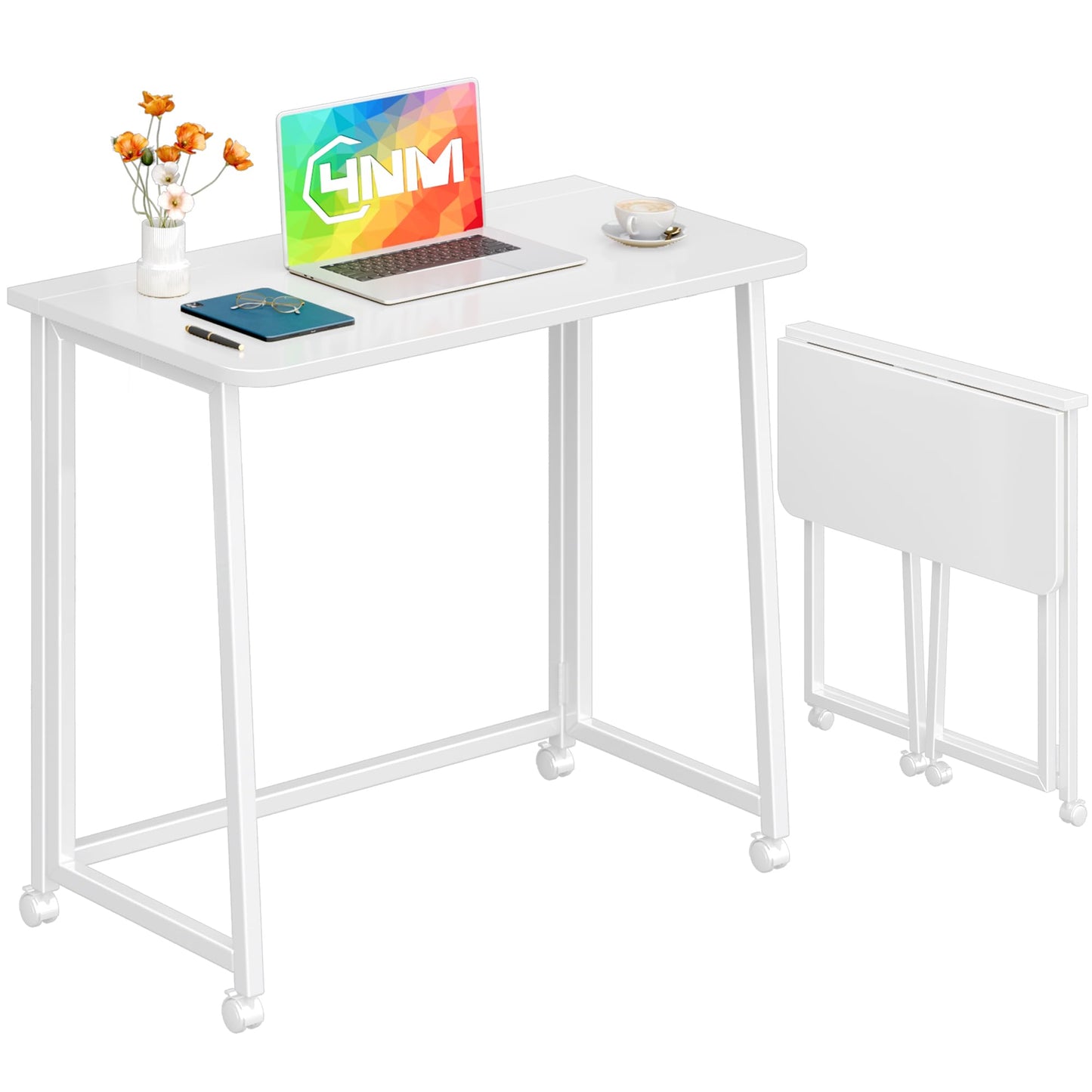 4NM 31.5" Mobile Small Folding Desk, Foldable Rolling Computer Home Office Desk, Study Writing Table for Small Space Saving Bedroom, with Wheels - All White