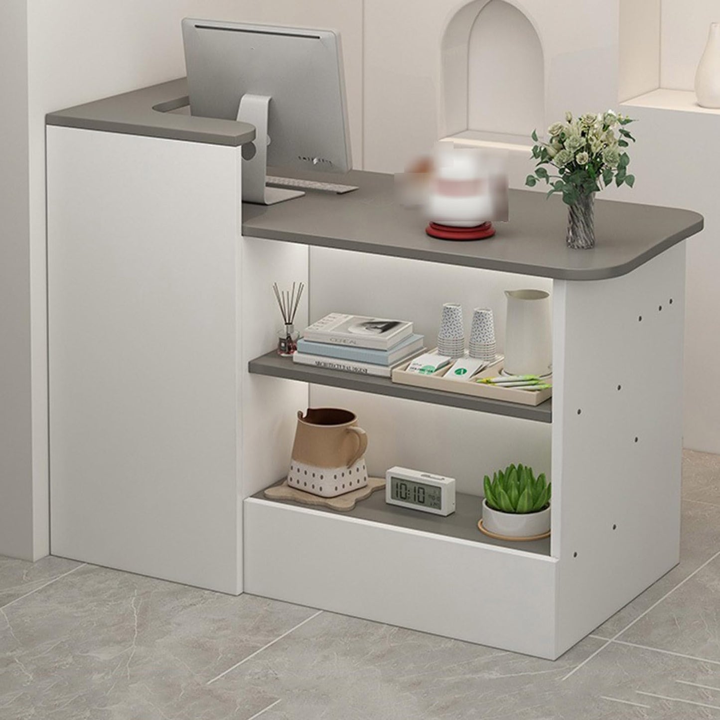 Reception Desk Counter Table, Modern Retail Checkout Counter with Drawers, L-Shaped Cashier Cabinet Wooden Front Desk for Convenience Store Hotel Beauty Salon