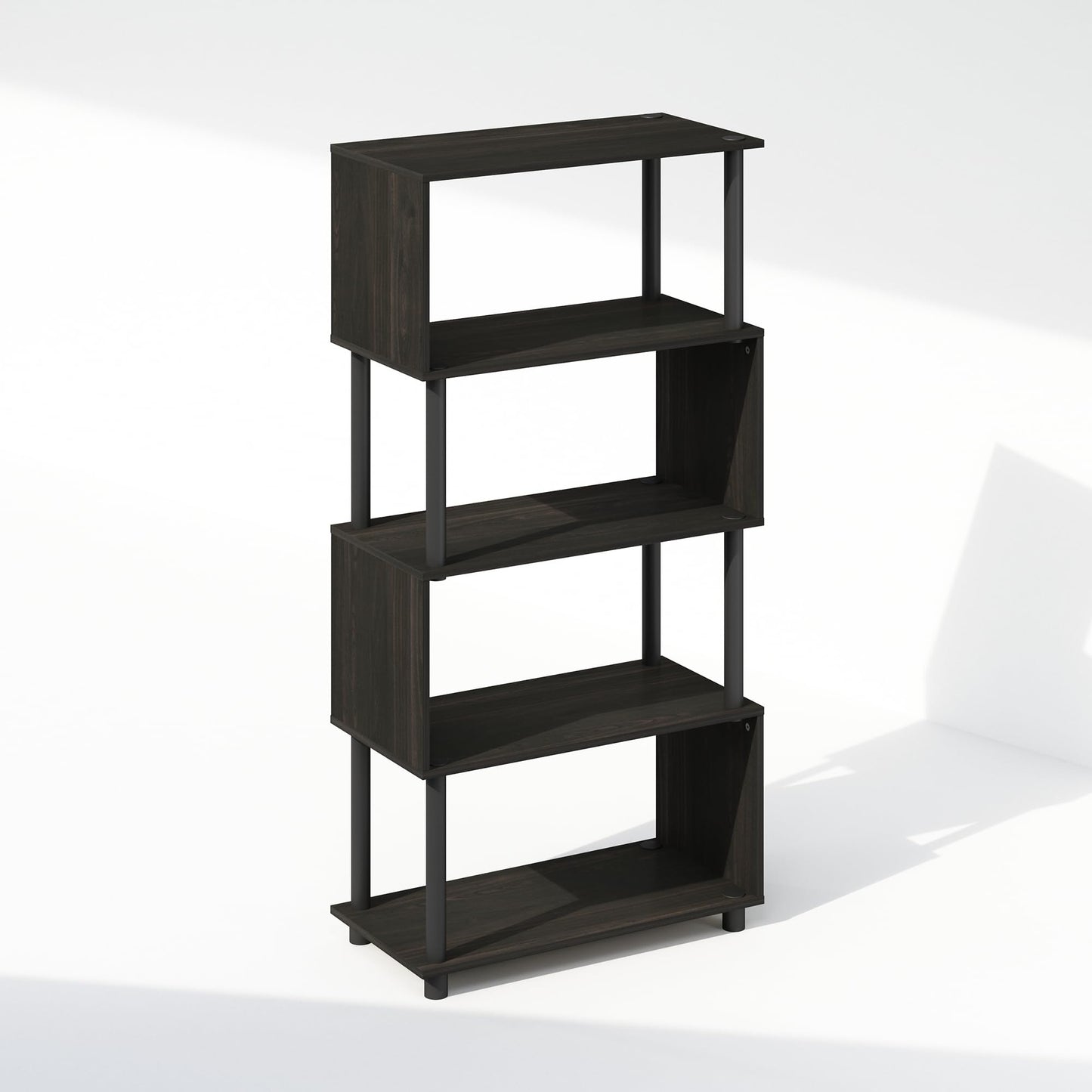 Furinno Reed Book Shelf, 5-Tier Bookshelf with Open Shelf, Geometric Bookcase with S-Shaped Frame, 11.8 x 23.6 x 48, for Living Room, Bedroom, Home Office, Espresso