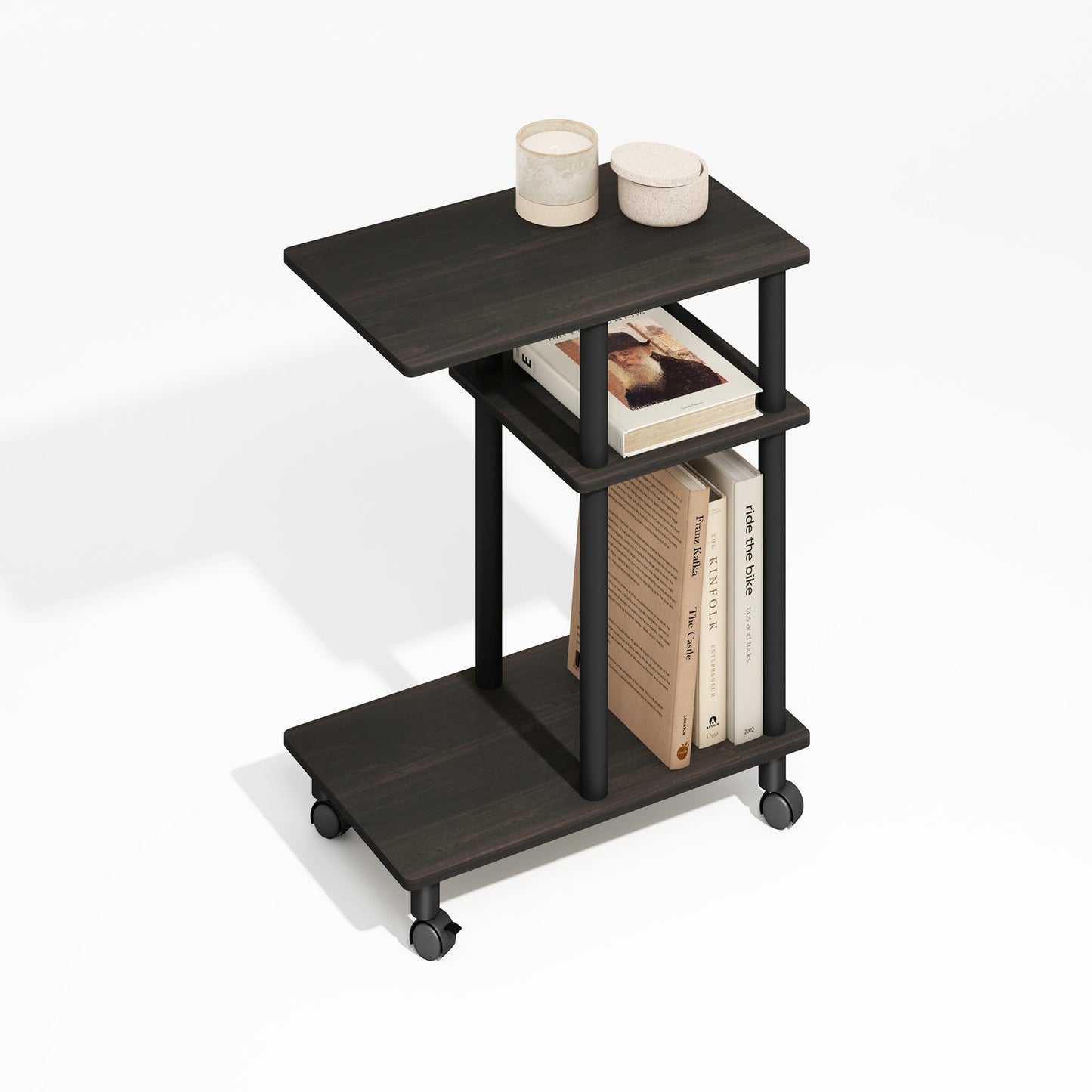 Furinno Turn-N-Tube Side Table, 3-Tier C-Shape End Table with Wheels, Toolless Assembly Night Stand, Bedside Table with Open Shelf, for Living Room, Bedroom, Black Espresso