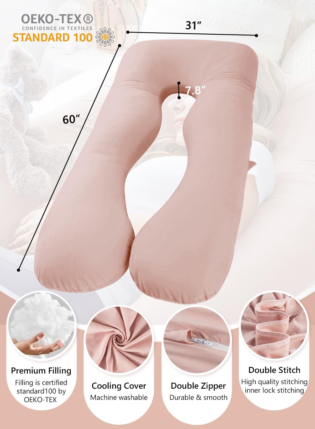 Meiz Pregnancy Pillows, Cooling Pregnancy Pillows for Sleeping, Maternity Pillow for Tall Pregnant Woman, Pregnancy Body Pillow with Cooling Jersey Cover, Apricot