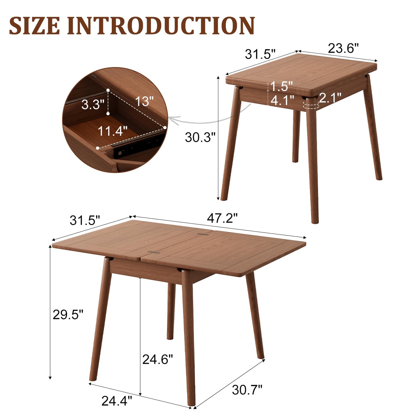 DONGMUWUJEE Solid Wood Small Dining Table for 2-6, 23.6"L-47.2"L Expandable Kitchen Table, Designed for Small Spaces, Easy Assembly, Suitable for Kitchen, Dining Room, Living Room, Apartment (Walnut)