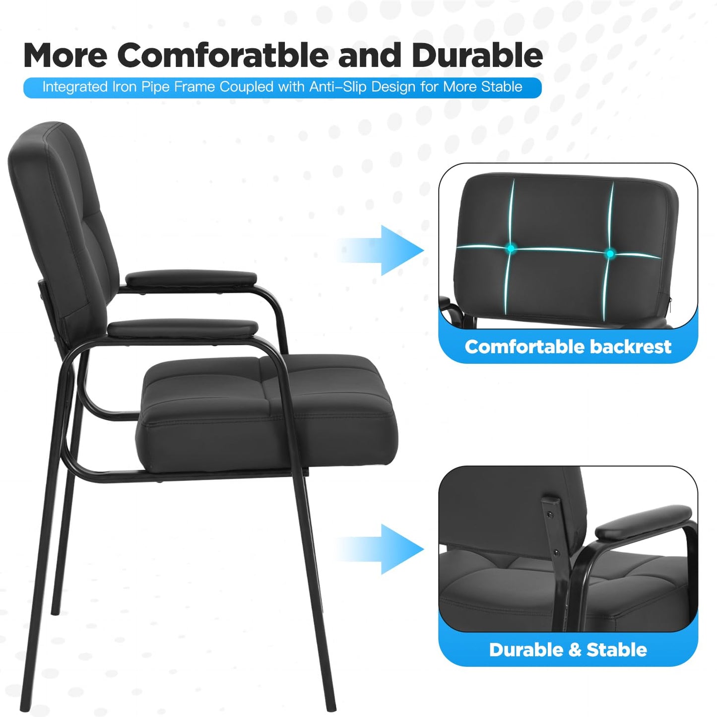FDW Office Guest Chair Reception Chair Waiting Room Chairs with Padded Armrest PU Leather for Home Office Reception Meeting Room Chair Lobby No Wheels, Black (2, Black)