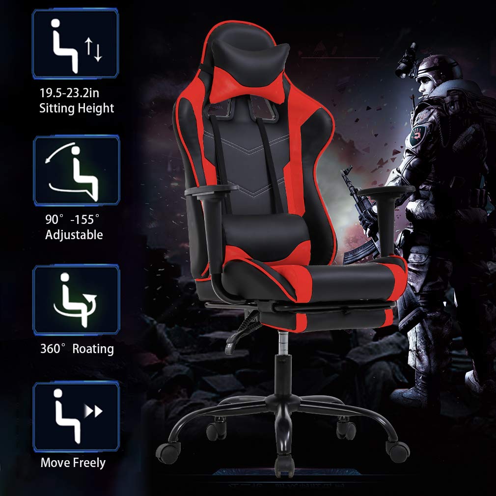 BestOffice | Ergonomic Gaming Chair | Red | Reclining Computer Chair with Lumbar Support, Headrest Pillow, Adjustable Footrests | 360 Swivel with Heavy Duty Wheels | for Home & Office
