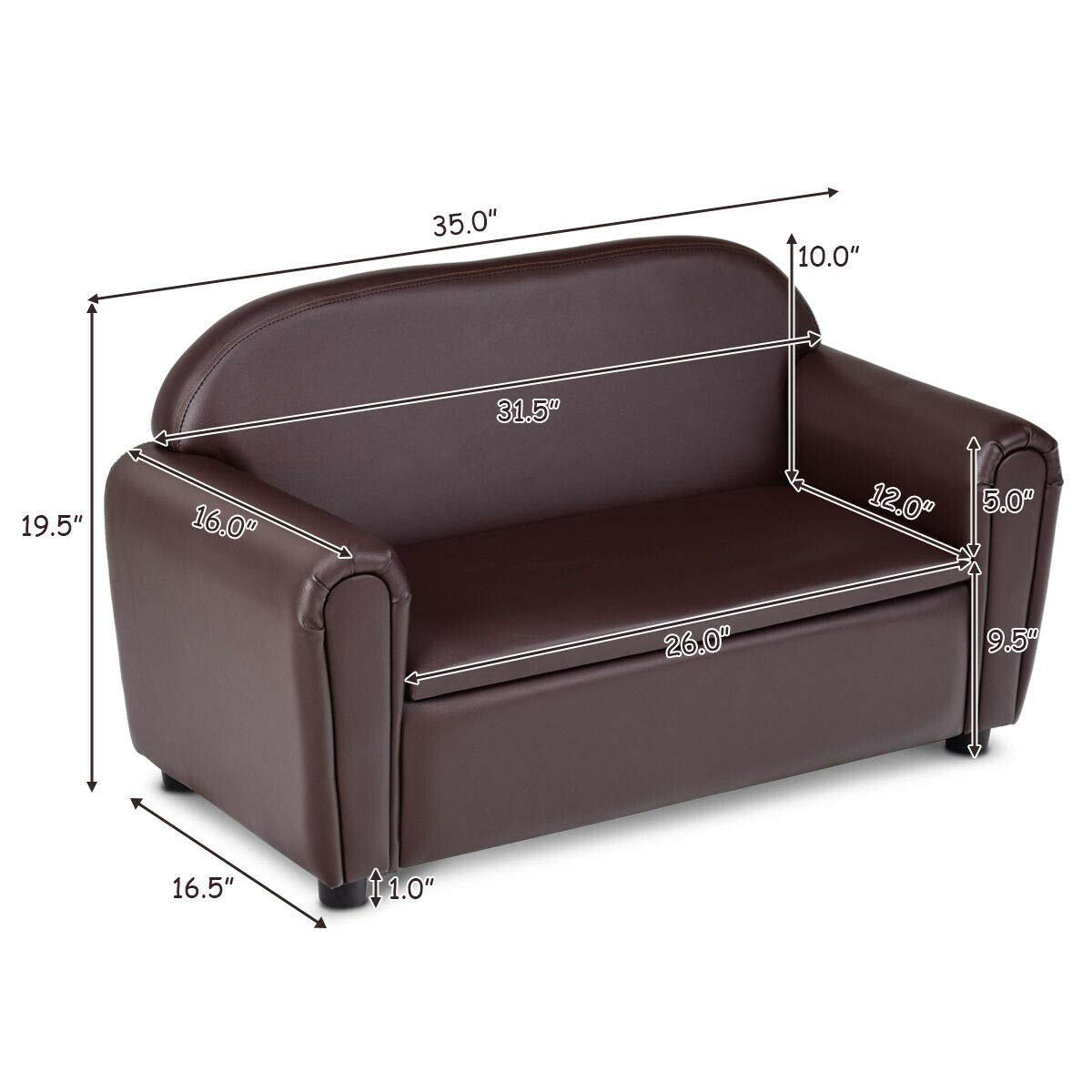 Costzon Kids Couch, 2 in 1 Double Seat Children's Sofa w/Under Seat Storage, PU Leather Surface, Toddler Armrest Chair, Kids Room, Soft Sofa with Storage for Preschool Baby Boys Girls Gifts