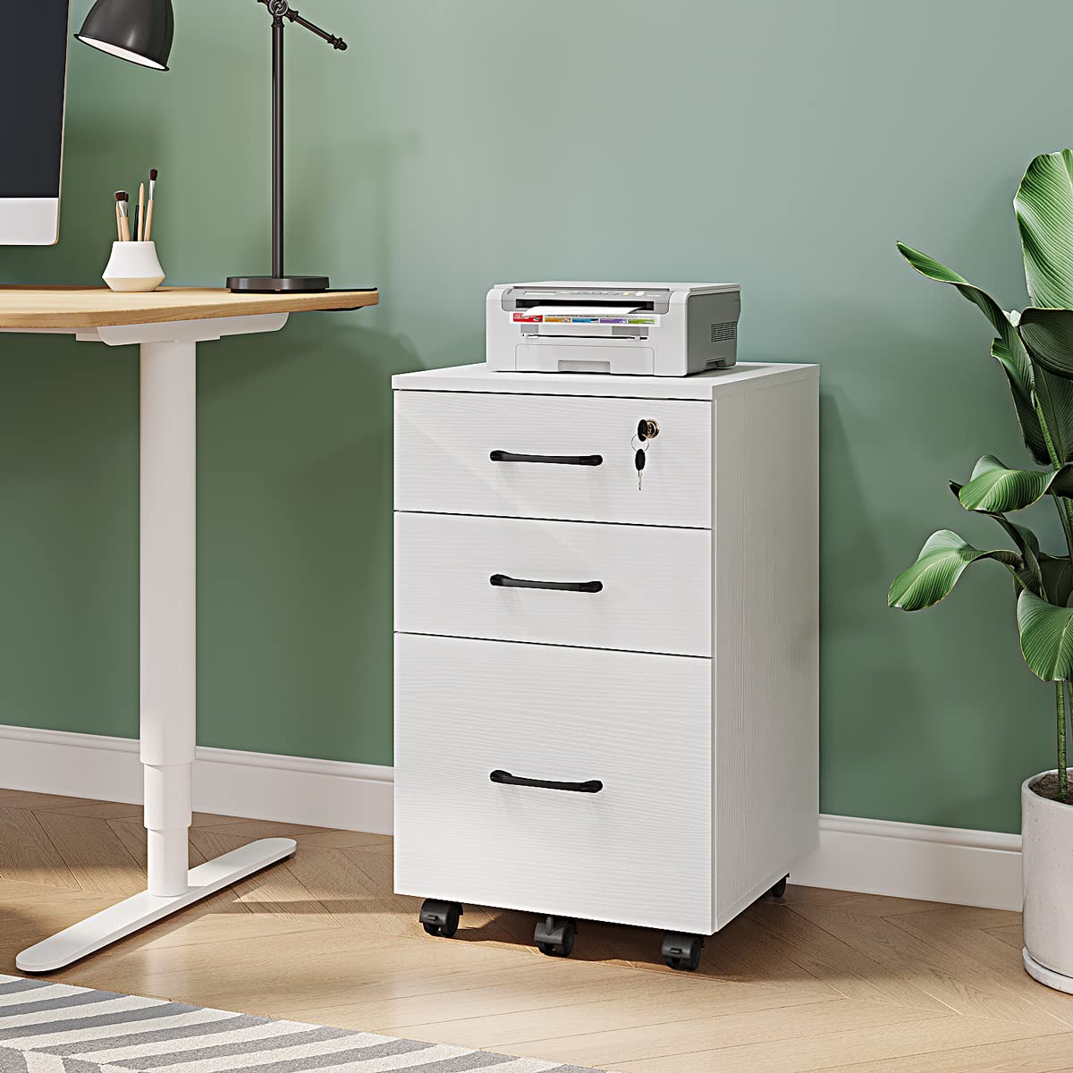 Panana 3 Drawer Wood Mobile File Cabinet, Under Desk Storage Drawers Small File Cabinet for Home Office (White)