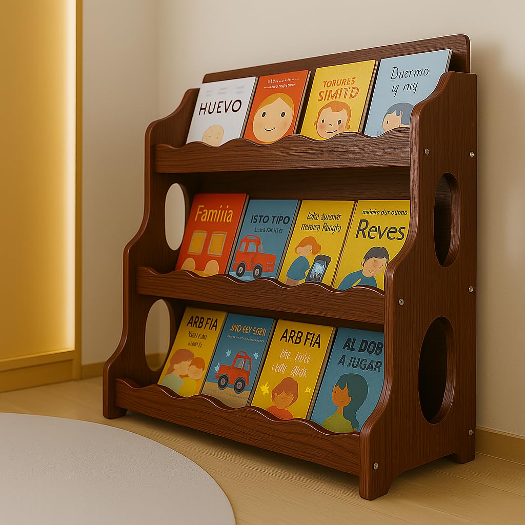 AMMEHOELA Wood Kids Bookshelf MontessoriDutchDesign,WalnutWood GrainPattern