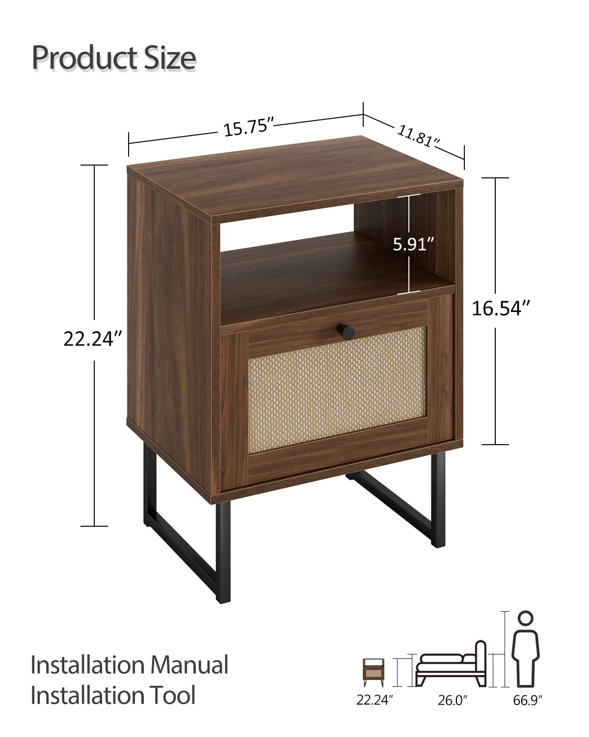Masupu Rattan Nightstand,Modern Boho Farmhouse Wood Bedside Table with Storage Drawer and Open Shelf,Small Black Frame Side End Table for Bedroom,Living Room,Office (Walnut)
