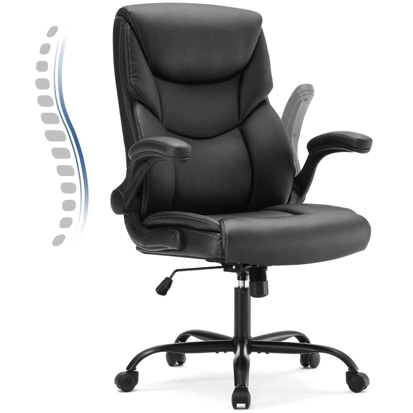 DUMOS Office Chair Set of 2 - Ergonomic Executive Computer Desk Chairs with Adjustable Flip-up Armrest, Swivel Task Chair with Lumbar Support, Strong Metal Base, PU Leather, Black