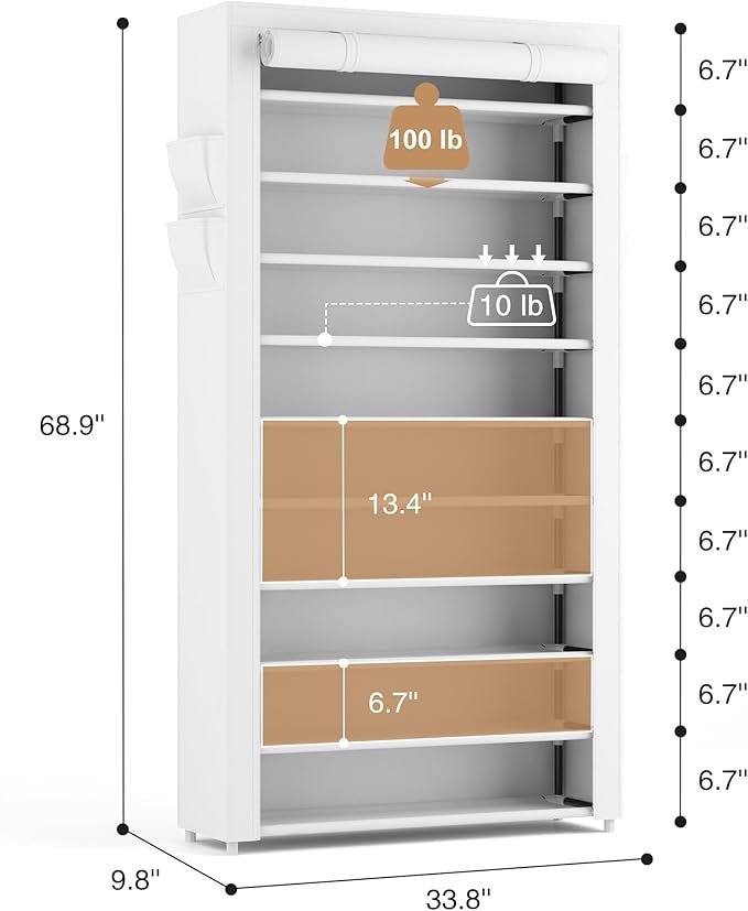 ROJASOP Shoe Rack with Covers 10 Tier Large Shoe Organizer Tall Shoe Closet