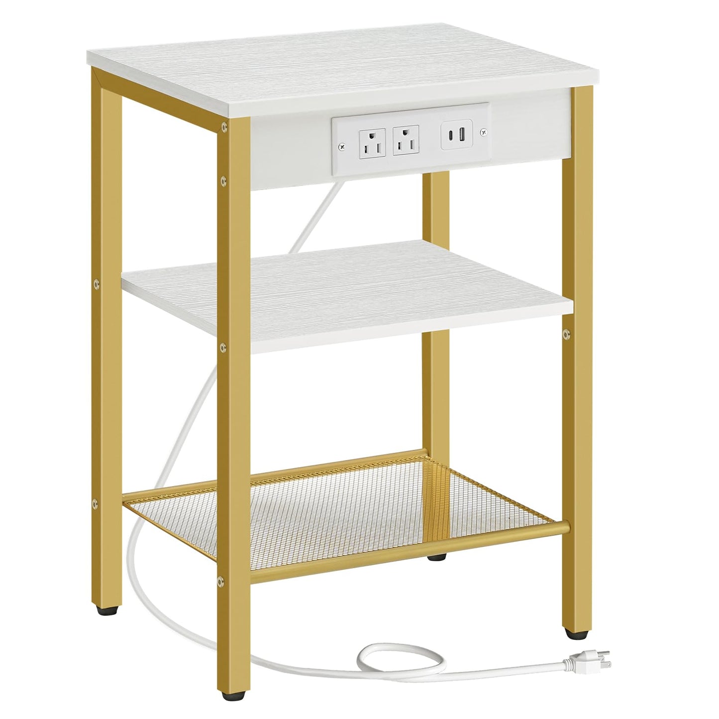 HOOBRO Side Table with Charging Station and USB Port, Small End Table for Small Space, 3-Tier Nightstand with Adjustable Shelf, for Living Room, Bedroom, White and Gold DW112BZ01G1