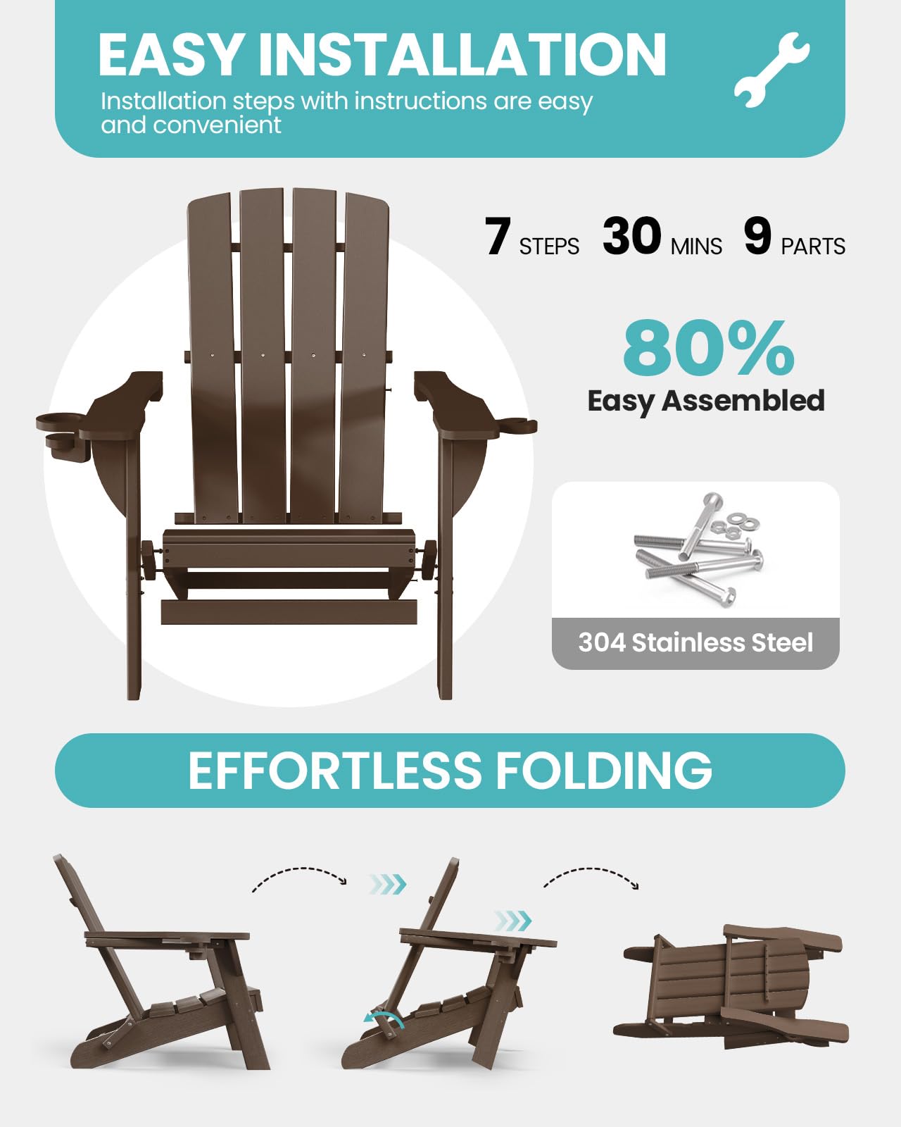 SUUNYN Folding Adirondack Chair, HDPE Adirondack Chairs with 2 Cup Holder, Plastic All-Weather Fire Pit Chairs, Outdoor Lawn Chair for Patio Garden (Brown)