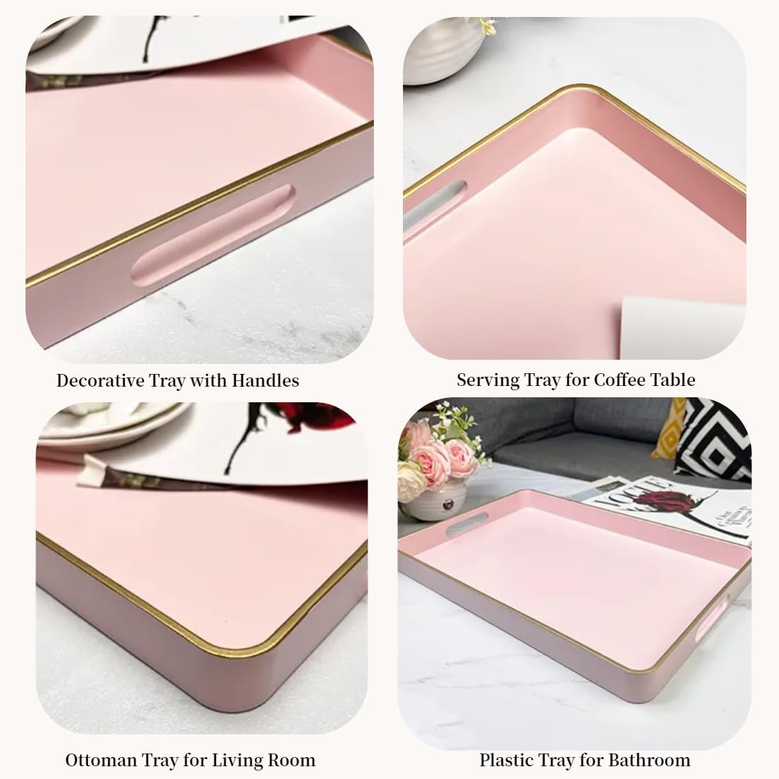 UOEKCS Pink Coffee Table Tray, Decorative Serving Tray with Handles, Plastic Rectangular Tray for Ottoman, Bathroom, Living Room. 15.7"*10.2"