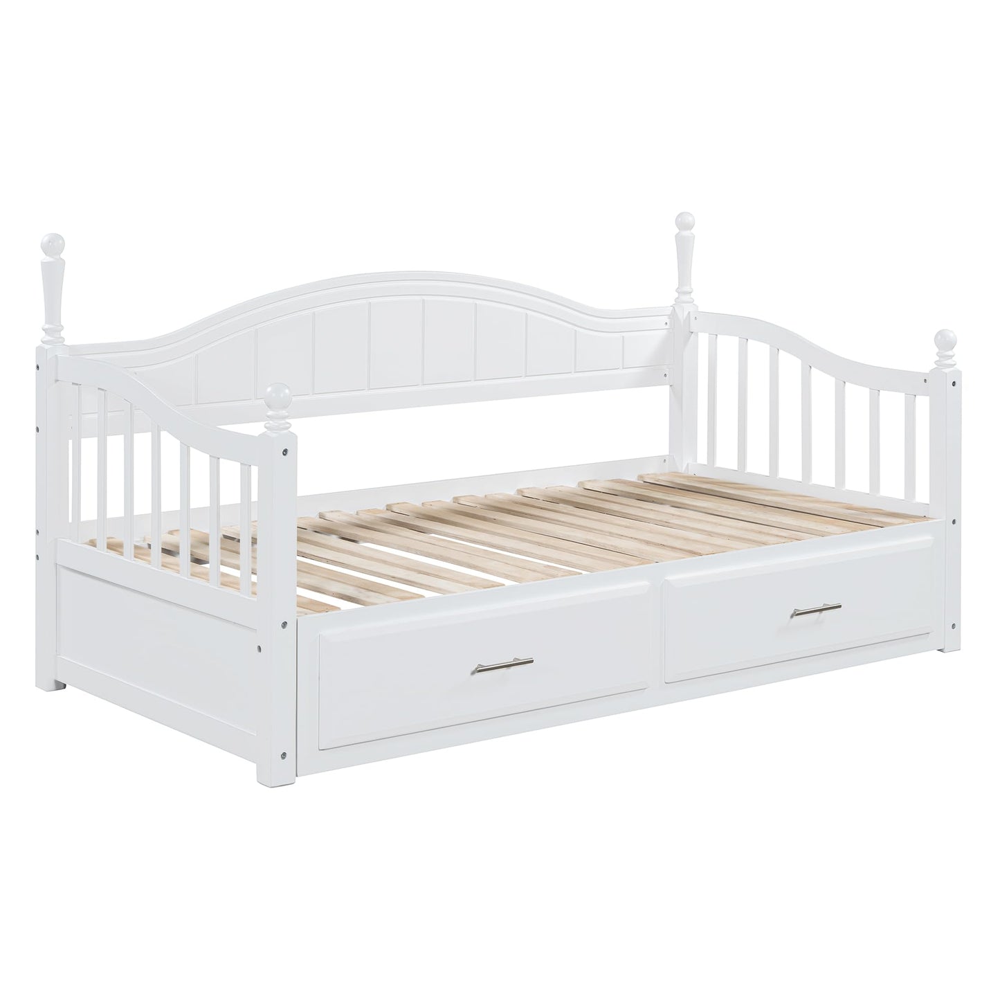 YSWH Twin Size Extendable Daybed, Wood Day Bed Frame with 2 Storage Drawers and Twin Size Trundle, Multifunctional Extendable Bed for Kids Adults, Bedroom Furniture Storage Platform Bed (White)