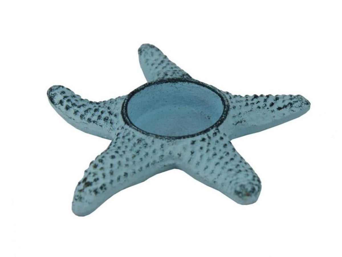 Hampton Nautical Cast Iron Starfish Decorative Tea Light Holder, 4.5", Dark Blue/Whitewashed