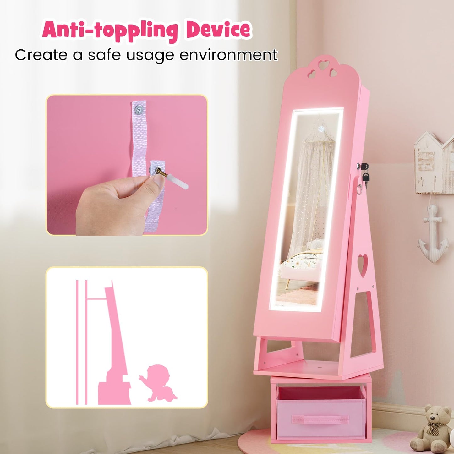 INFANS Kids Jewelry Armoire Cabinet, 360° Swivel Lockable Standing Makeup Organizer with Interior Lights, Rotatable Full-Length LED Vanity Mirror with Foldable Fabric Drawer for Girls