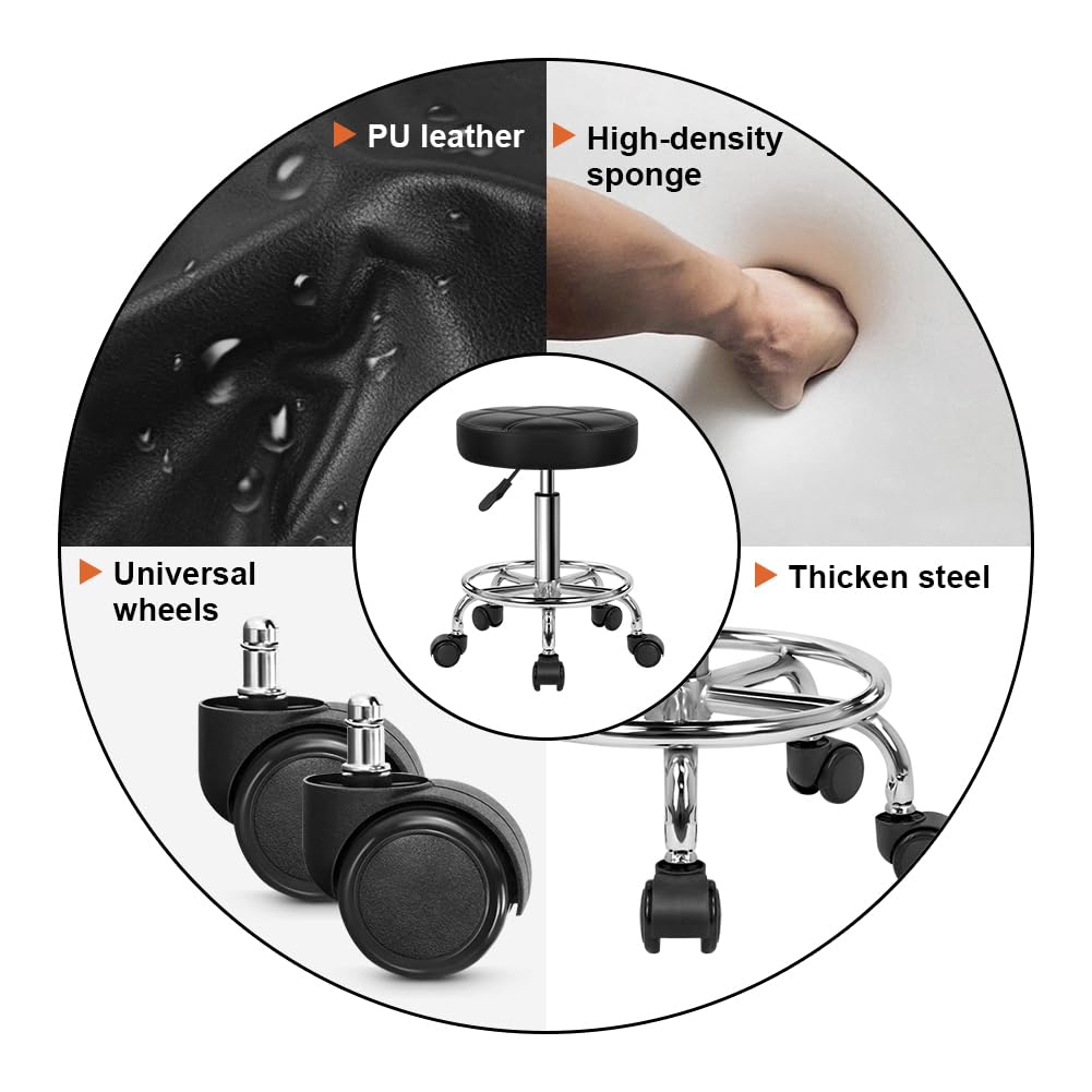KKTONER Round Rolling Stool Chair PU Leather Height Adjustable Swivel Drafting Work SPA Shop Medical Salon Stools with Wheels Office Chair Small (Black)