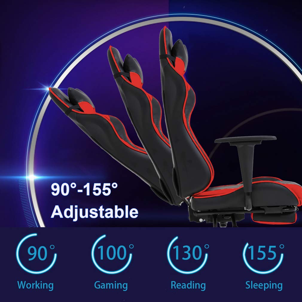 BestOffice | Ergonomic Gaming Chair | Red | Reclining Computer Chair with Lumbar Support, Headrest Pillow, Adjustable Footrests | 360 Swivel with Heavy Duty Wheels | for Home & Office