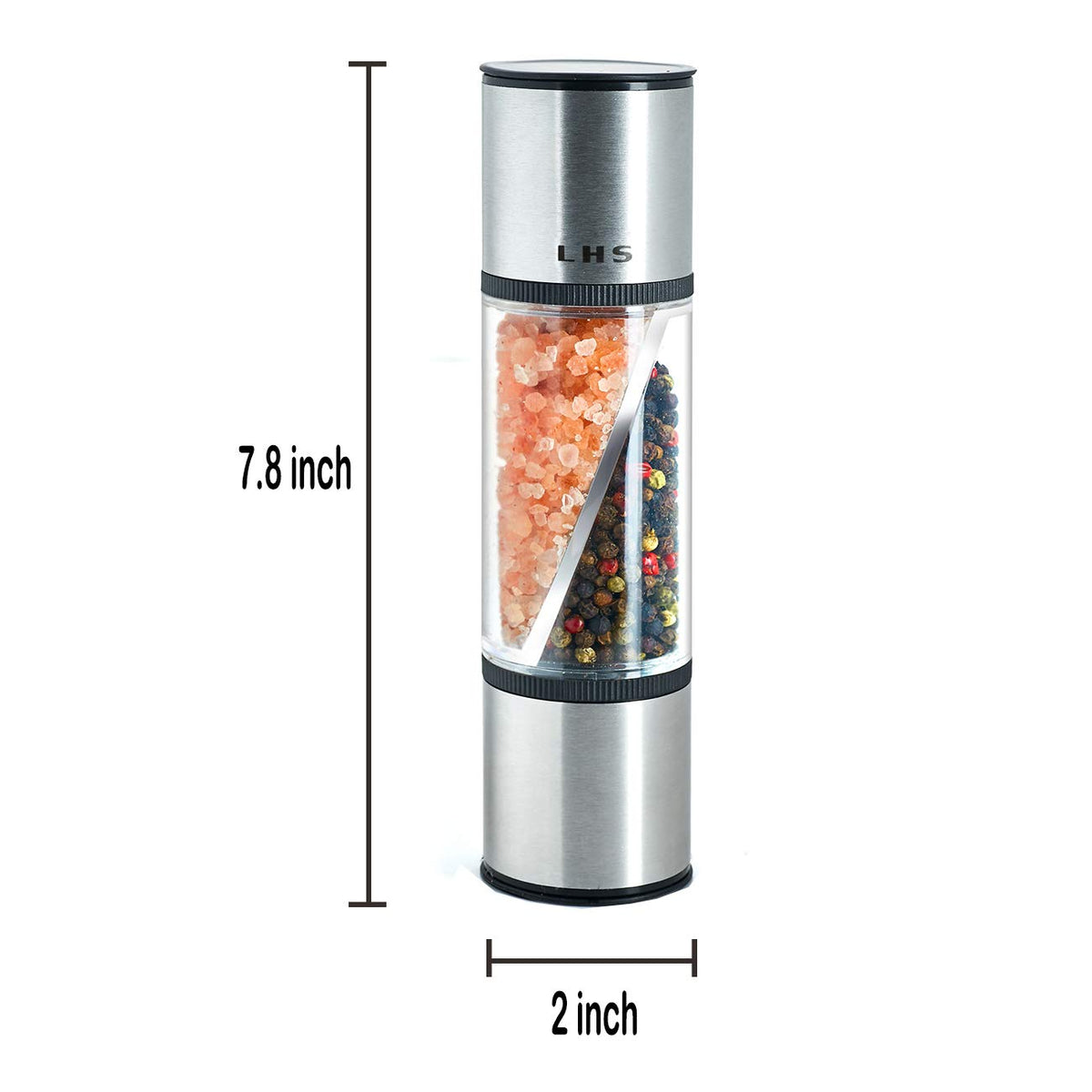 LHS 2 in 1 Salt and Pepper Grinder, Clear Acrylic Salt Grinders and Pepper Mill with Adjustable Coarseness Ceramic Rotor, Black