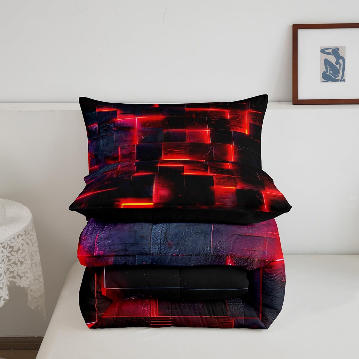 Erosebridal Black and Red Comforter Set Twin Modern Abstract Twin Bedding, 3D Glowing Plaid Bedding Comforter Sets Gradient Grid Duvet, Neon Square Quilted Comforter 2pcs (Black Reversible)