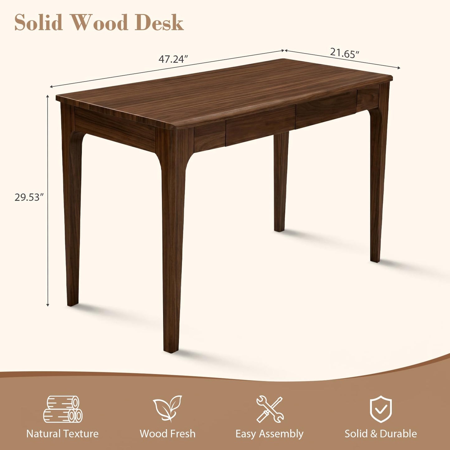 Zevemomo 47" Solid Wood Desk, Walnut Wooden Office Executive Desk with 2 Storage Drawers, Modern Gaming Sturdy Writing Table, Solid Wood Computer PC Workstation, Wooden Table for Bedroom Living Room