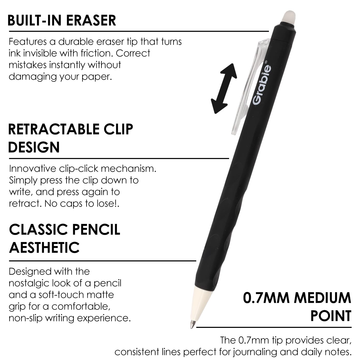 Grabie Erasable Gel Pens, Medium Point 0.7 mm Erasable Pens, Make Mistakes Disappear for Drawing Writing Planner, Pack of 6, Black/Blue/Red