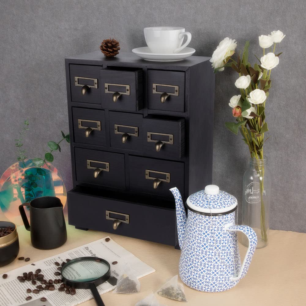 PACKGILO Apothecary Cabinet with 9 Drawers & Labels Rustic Library Card Catalog Cabinet Desktop Wooden Storage Box for Organize Herbal、Tea Bag、Jewelry (Black)