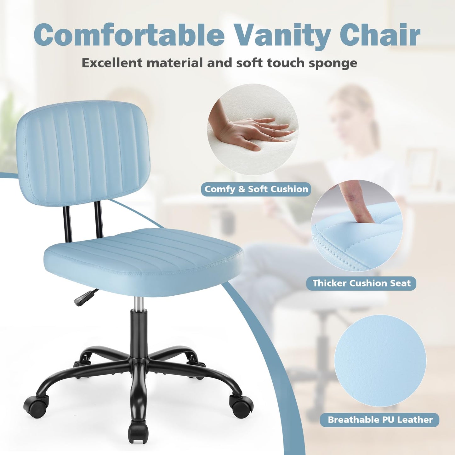 DUMOS Armless Home Office Executive Chair - Small Desk Chair with Low Back Lumbar Support, Height Adjustable PU Leather Computer Task Chair with 360° Swivel Wheels, for Adults, Blue