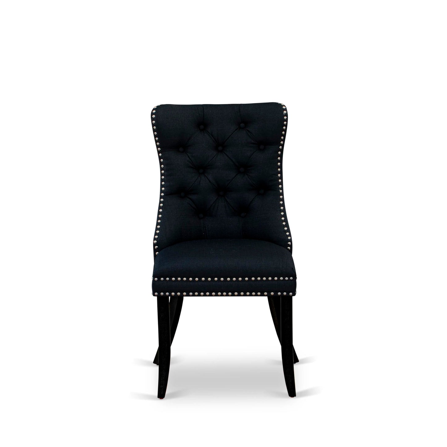 East West Furniture DAP6L24 Dallas Parson Kitchen Chairs - Button Tufted Nailhead Black Linen Fabric Upholstered Dining Chairs, Set of 2, Wirebrushed Black