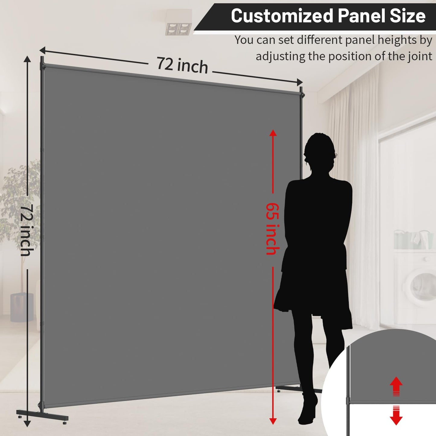 Room Divider, 72x72Inch Large Single Panel Privacy Screen for Room Separation,Free Standing Partition Wall with Thickened Fabric,Portable for Office,Bedroom,Patio,Gray