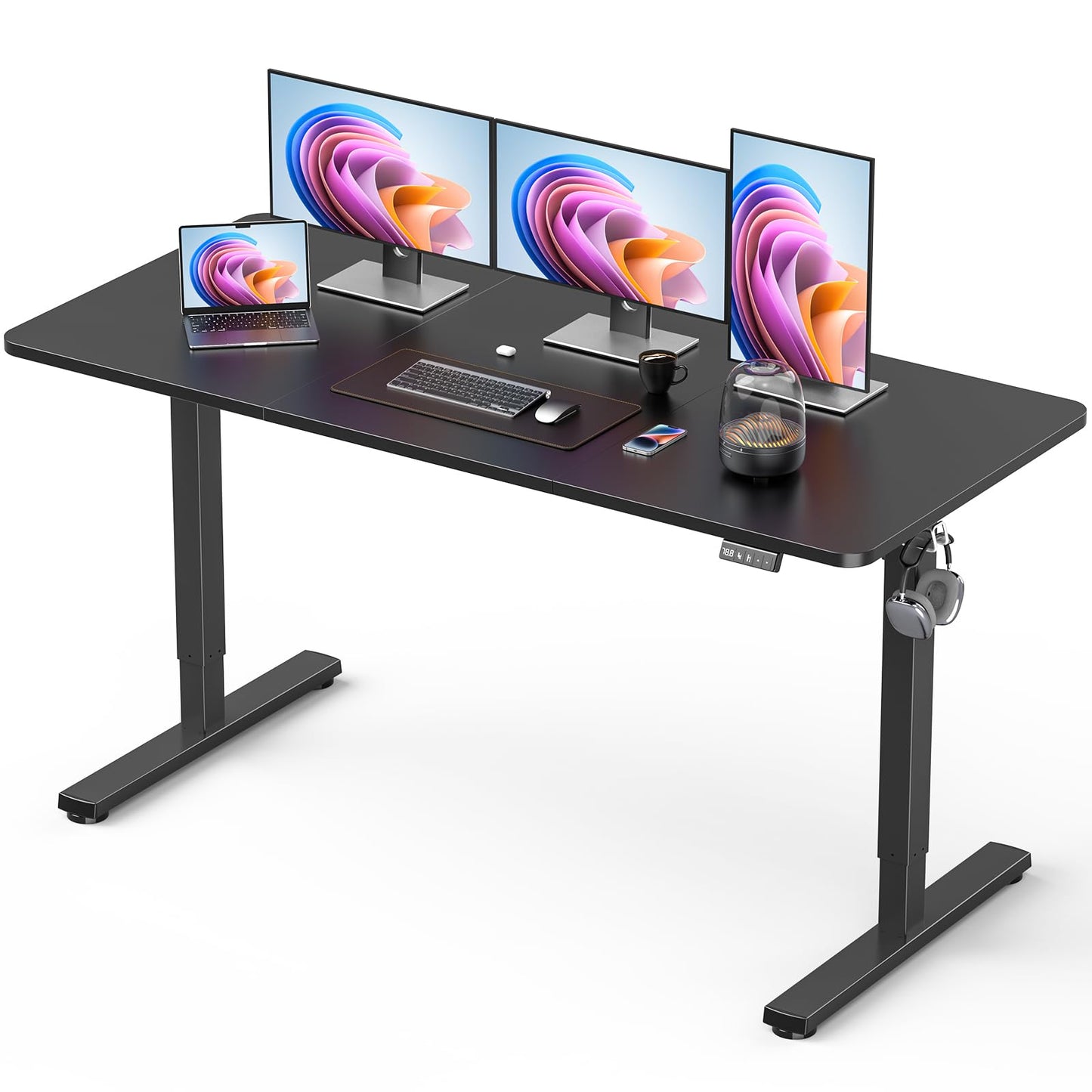 Xyndyx 55" Electric Standing Desk Adjustable Height, Sit Stand up Desk for Home Office & Computer Workstation, 2 Memory Height Settings, Splice Board, 2 Hooks, Black Frame/Black Top