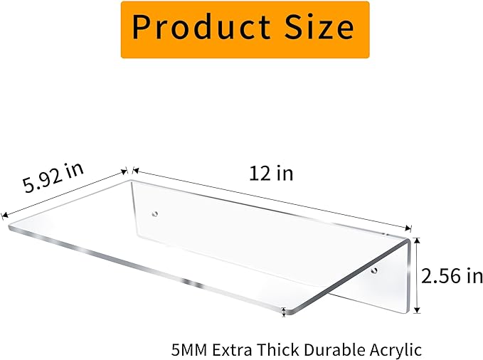 Jansburg 12 Inch L-Shaped Acrylic Floating Shelf Clear Wall Mounted Shelves