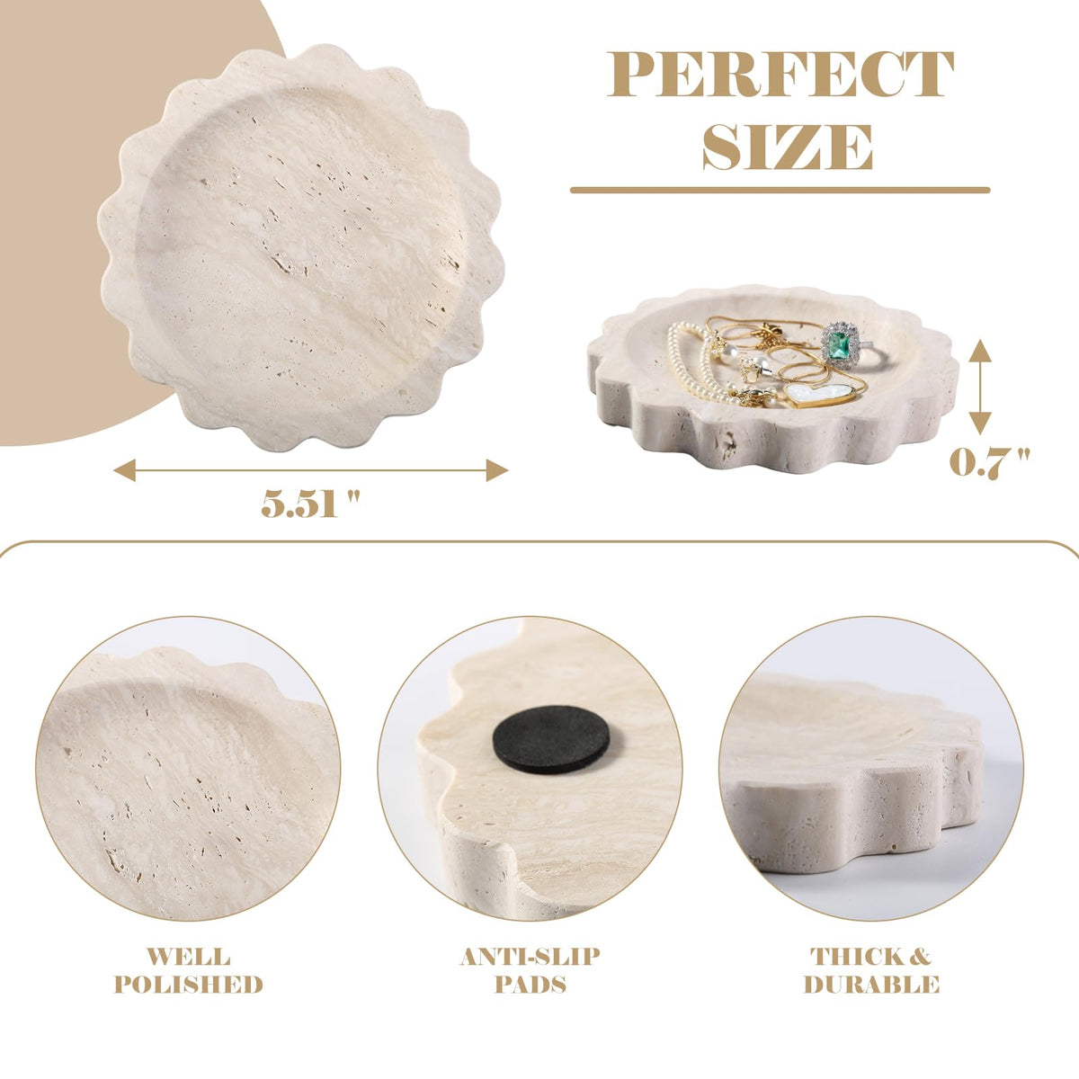 Koville 5.51" Travertine Tray, Natural Stone Trinket Dish for Ring Perfume, Round Scalloped Decorative Tray for Bathroom Vanity Dresser Countertop, Home Table Decor