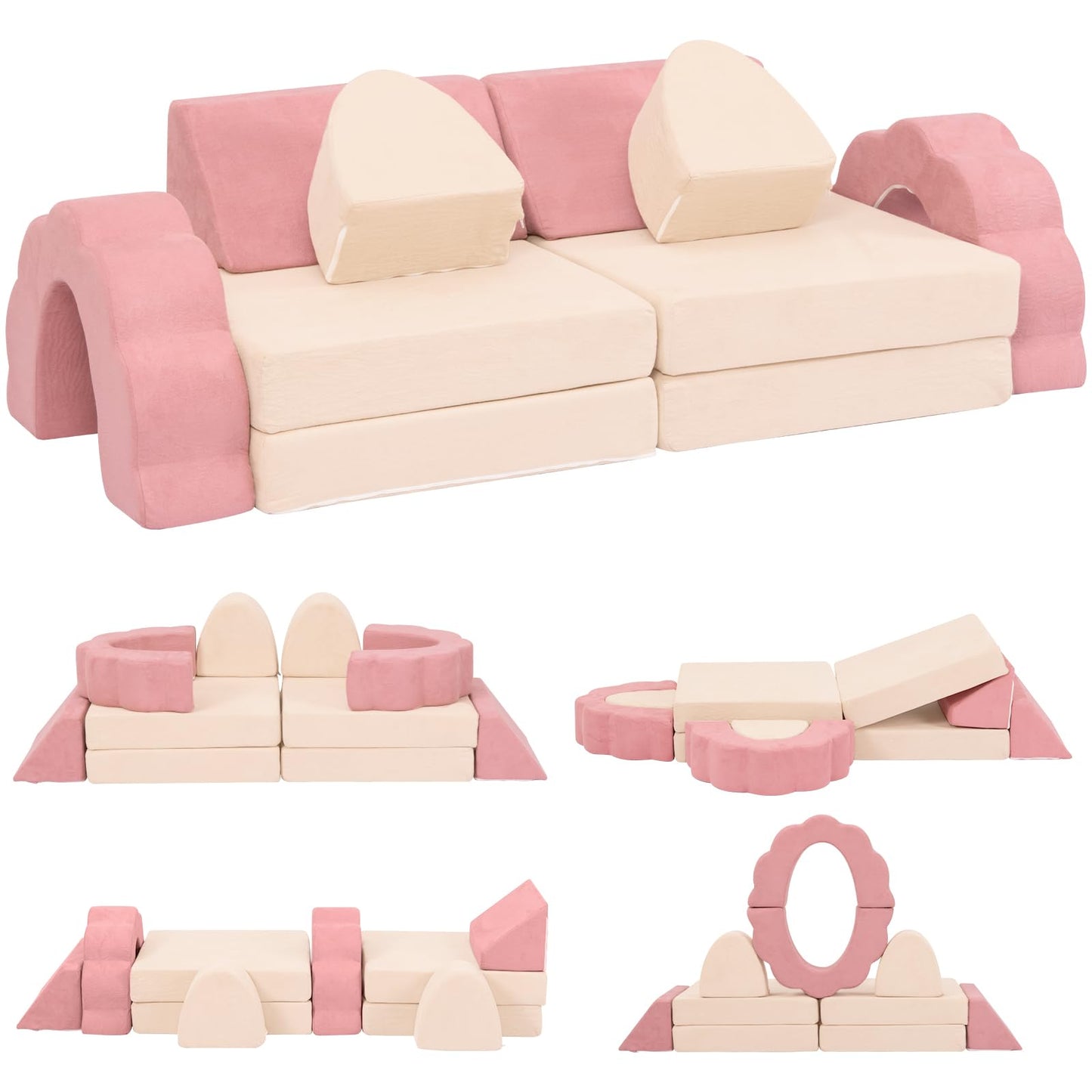 Annualring 10-Piece Mini Kids Play Couch, Modular Flower Foam Sofa, Convertible Soft Play Sofa with Washable Cover, Indoor Climbing Furniture for Playroom, Pink & Beige