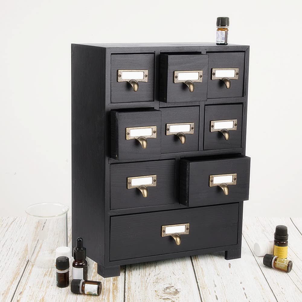 PACKGILO Apothecary Cabinet with 9 Drawers & Labels Rustic Library Card Catalog Cabinet Desktop Wooden Storage Box for Organize Herbal、Tea Bag、Jewelry (Black)