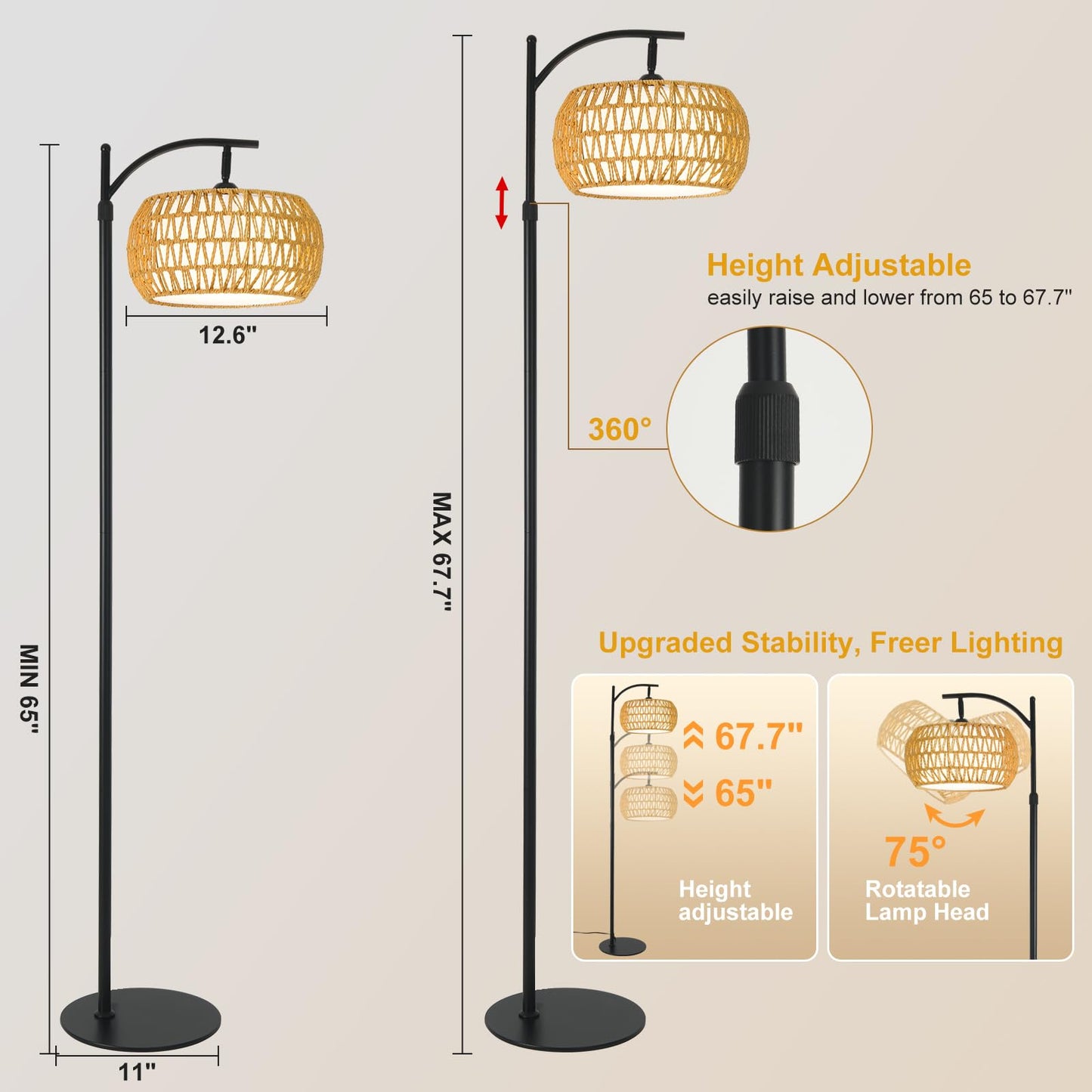 DRAWNCAT Boho Rattan Floor Lamp with Shade – 12W Bright Dimmable LED Bulb, Remote Control 3 Color Temperatures, Modern Farmhouse Handwoven Arc Standing Light for Living Room Bedroom