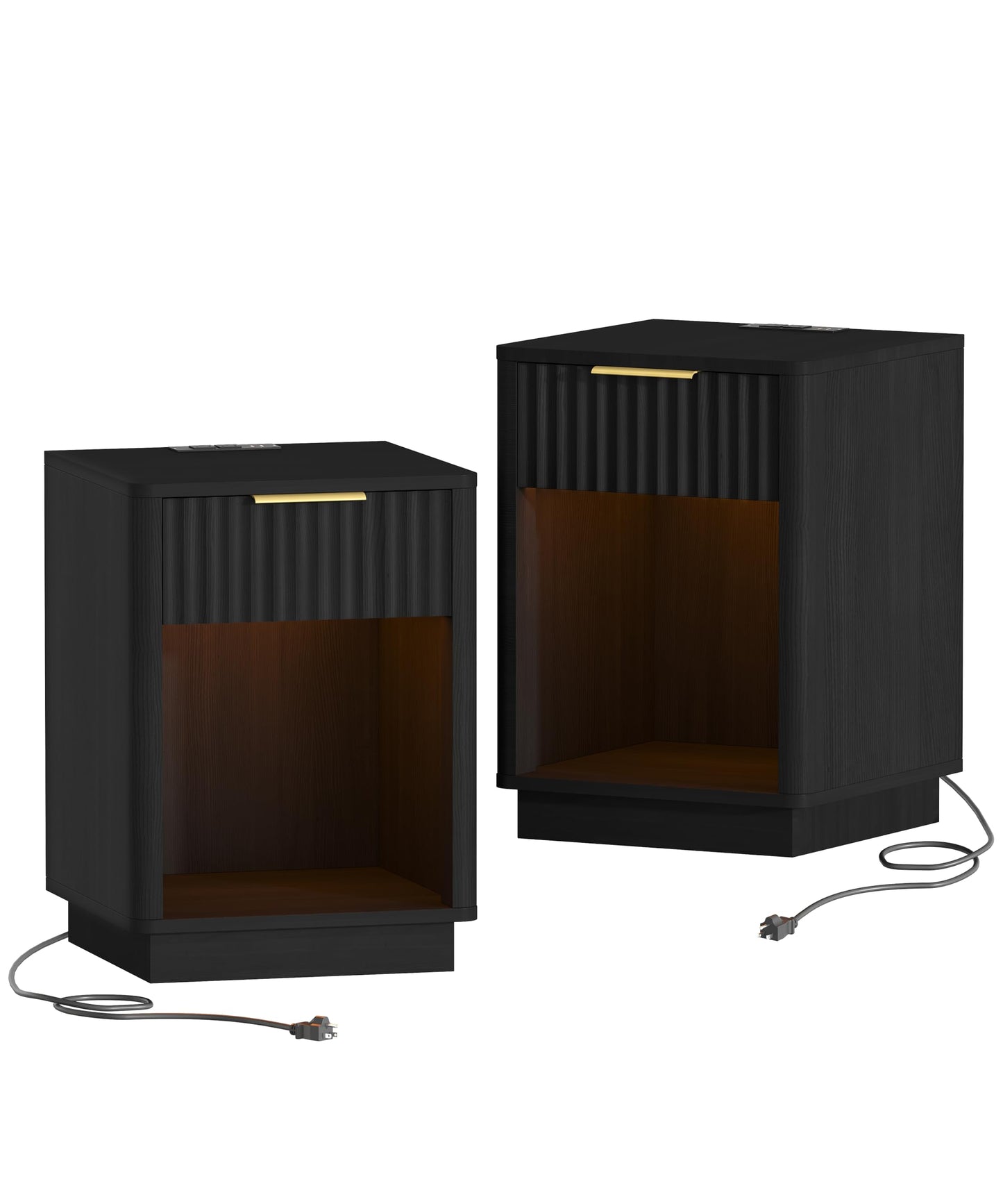 Akxomel Fluted Nightstands Set of 2, Wooden Night Stand with Charging Station and LED Light, Modern Mid Century End Table with Drawer, 15" D x 15.7" W x 22.6" H, for Bedroom, Black