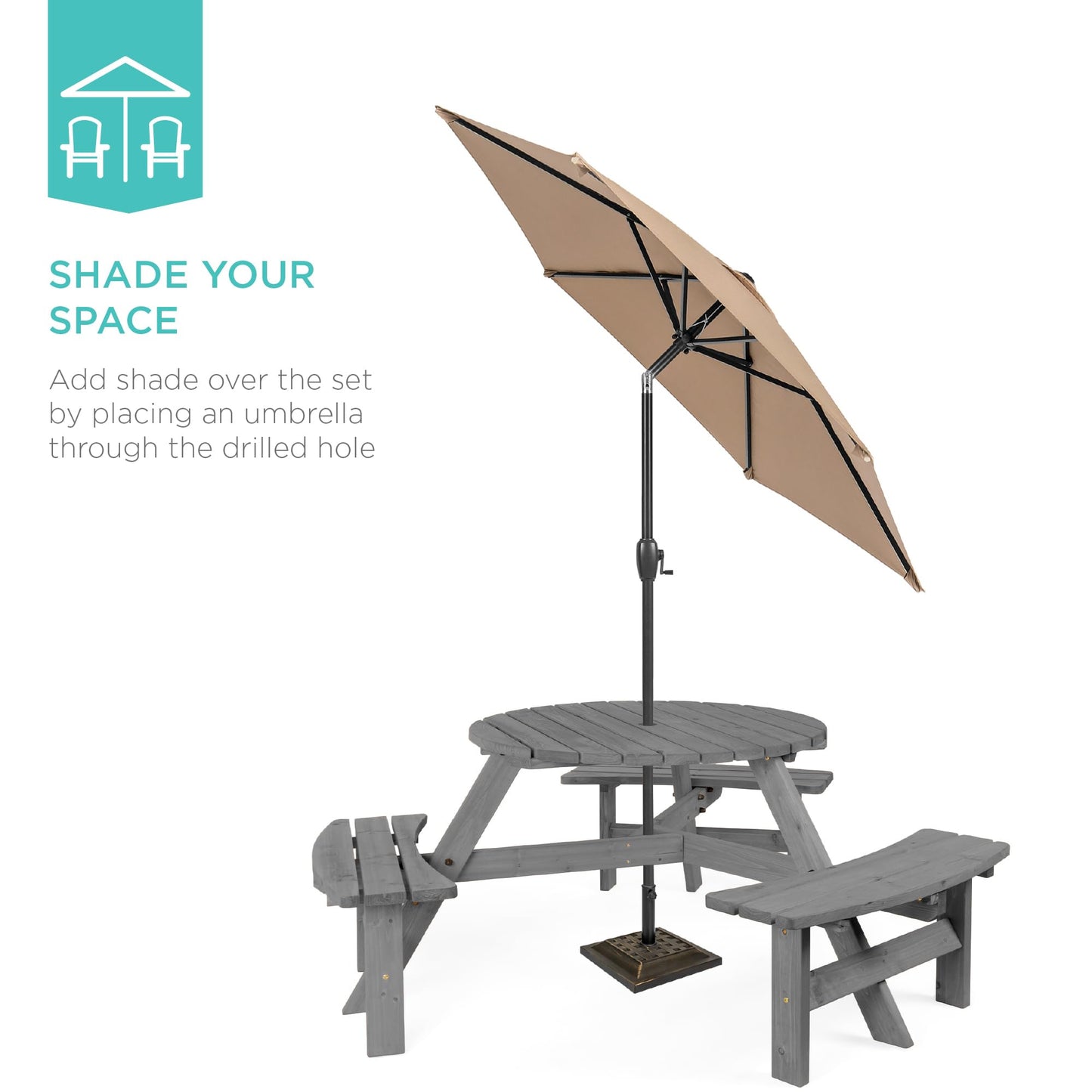 Best Choice Products 6-Person Circular Outdoor Wooden Picnic Table for Patio, Backyard, Garden, DIY w/ 3 Built-in Benches, 500lb Capacity - Gray