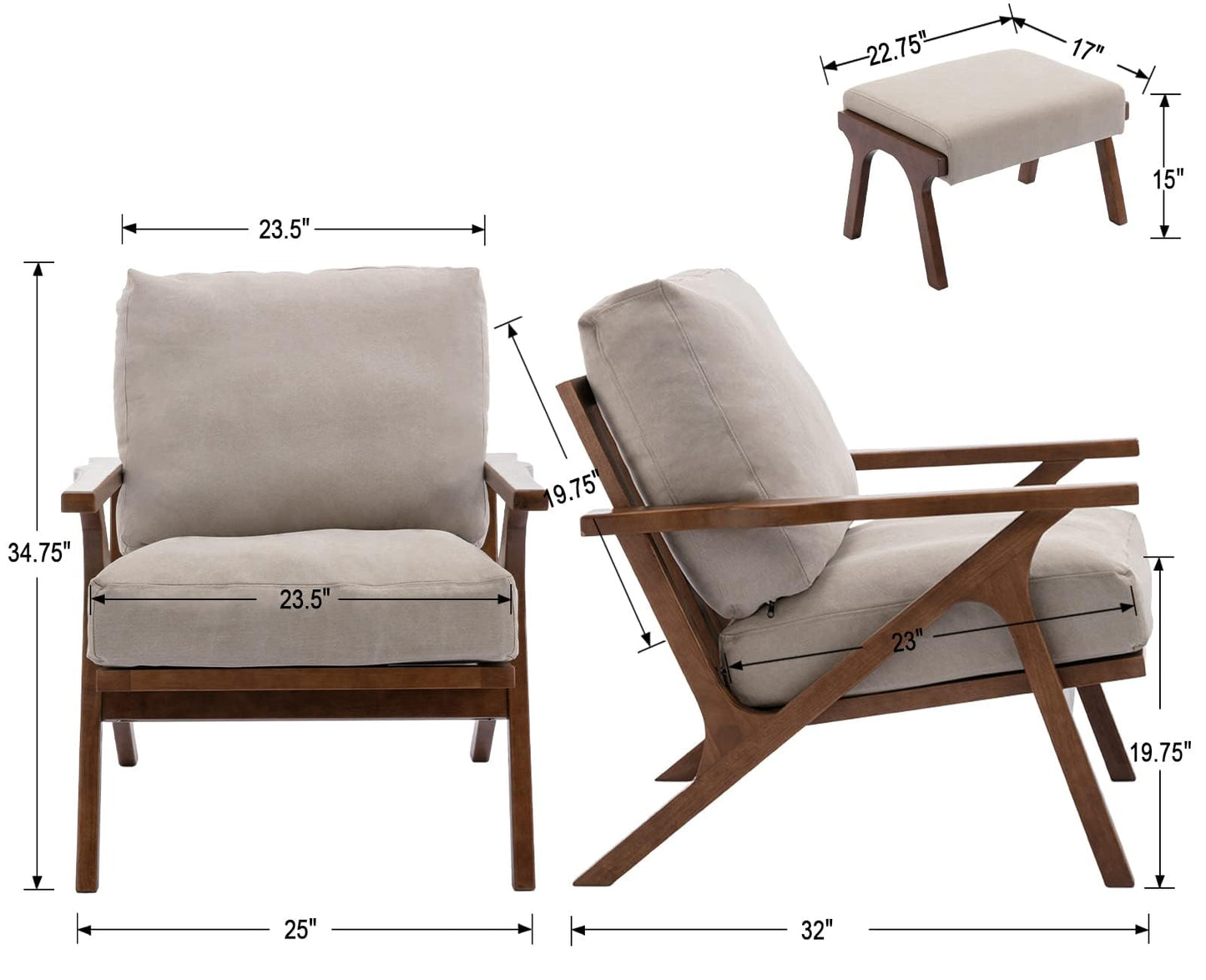 HNY Mid Century Modern Accent Chair with Ottoman, Farmhouse Linen Upholstered Living Room Armchair and Ottoman Set, 23" Seat Wide Retro Leisure Lounge Chair with Wood Frame for Home, Bedroom, Beige