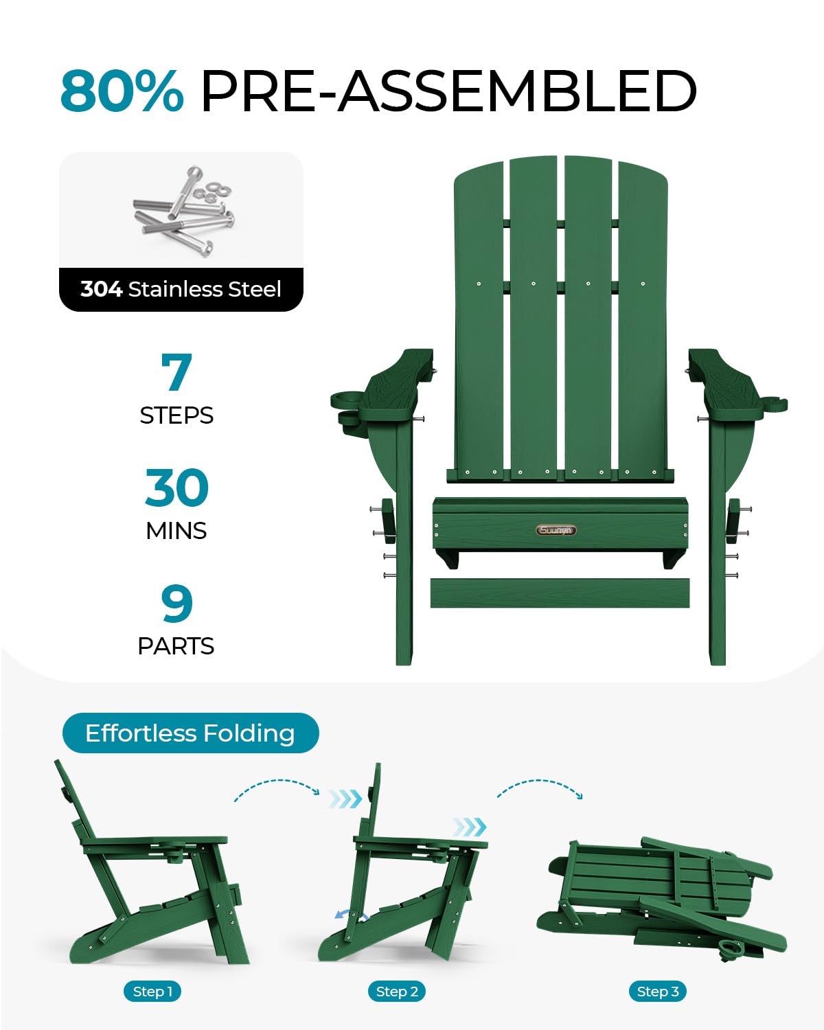 SUUNYN Folding Adirondack Chair, HDPE Adirondack Chairs with 2 Cup Holder, Plastic All-Weather Fire Pit Chairs, Outdoor Lawn Chair for Patio Garden (Green)
