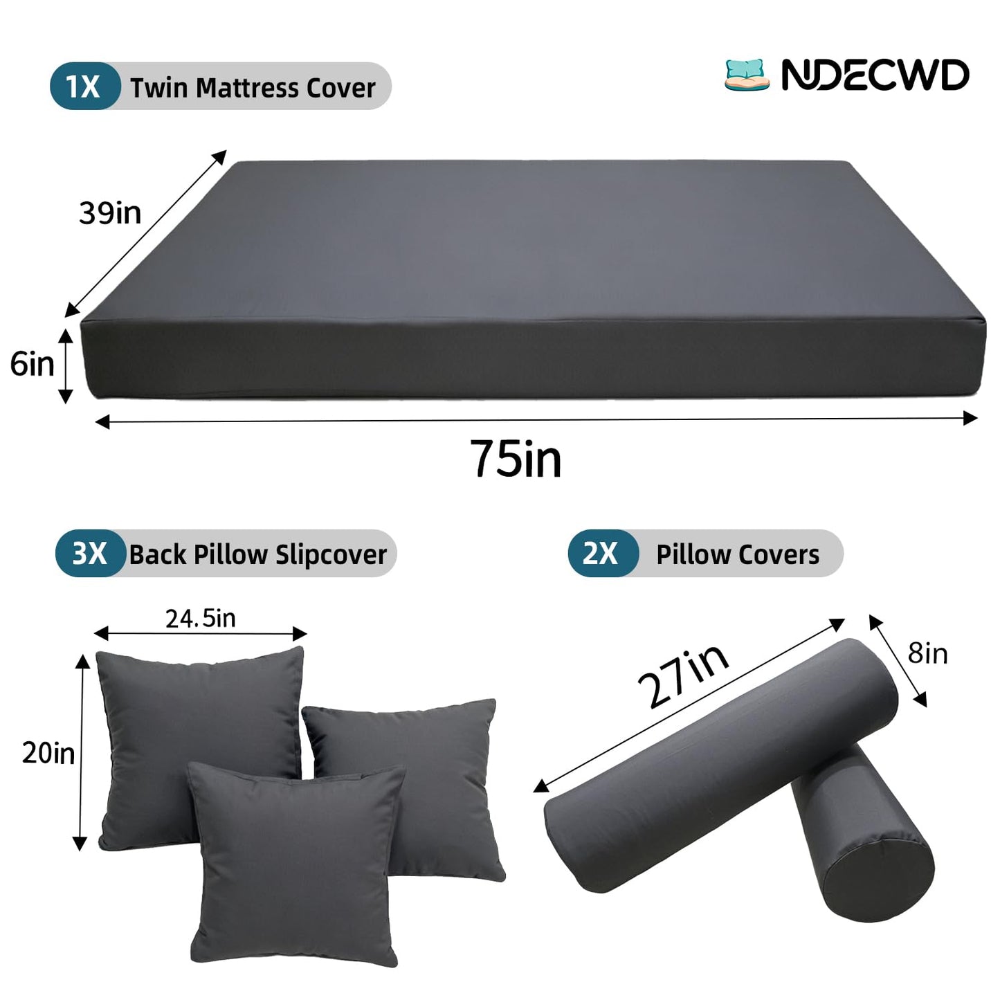 Twin Size Daybed Cushion Cover, Water-Repellent Porch Swing Mattress Slipcover (Fits 6" Depth), Heavy-Duty UV Resistant Patio Bed Protector with U-Shaped Zipper, Cover Only (Dark Gray, 75*39*6in)