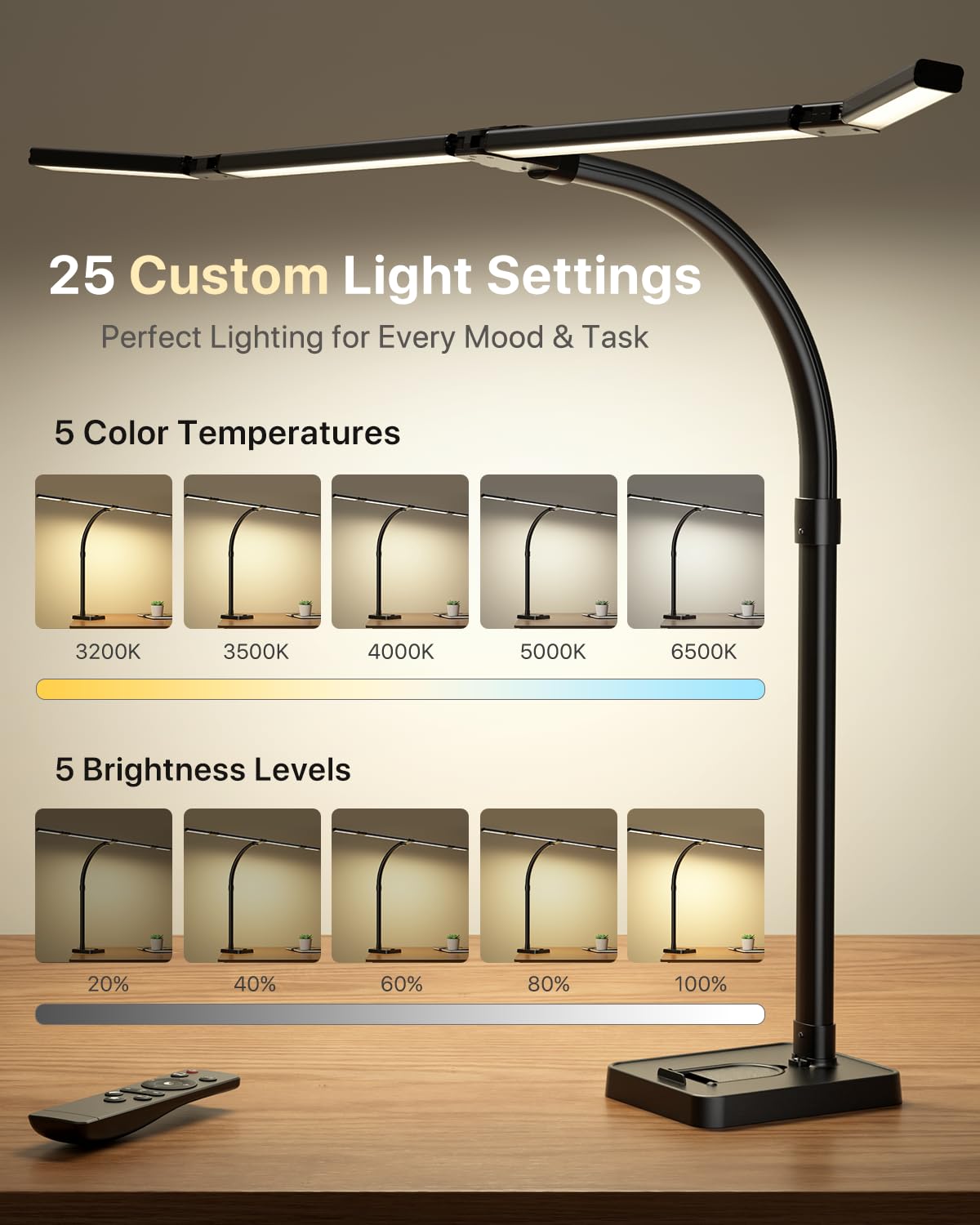 ONEMIX 42" LED Desk Lamp for Home Office, Eye-Caring Desk Light with Adjustable 4-Segment Bar, 1800LM Bright, Remote, Architect Table Lamp with Base for Dual Monitors, Reading, Study, Workbench(Black)