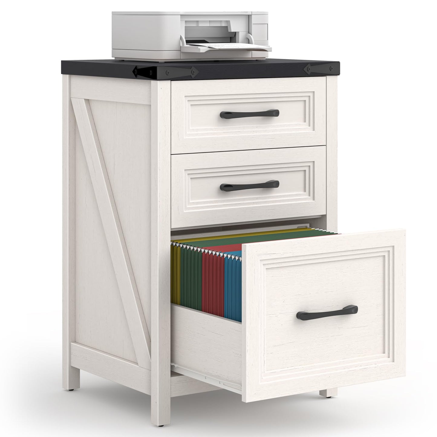 Vabches 3 Drawer Vertical File Cabinet, Farmhouse Wooden Filing Cabinet Fits A4 Letter Size, Under Desk Small File Cabinet, Printer Stand with Storage Organizer for Home Office, White and Black