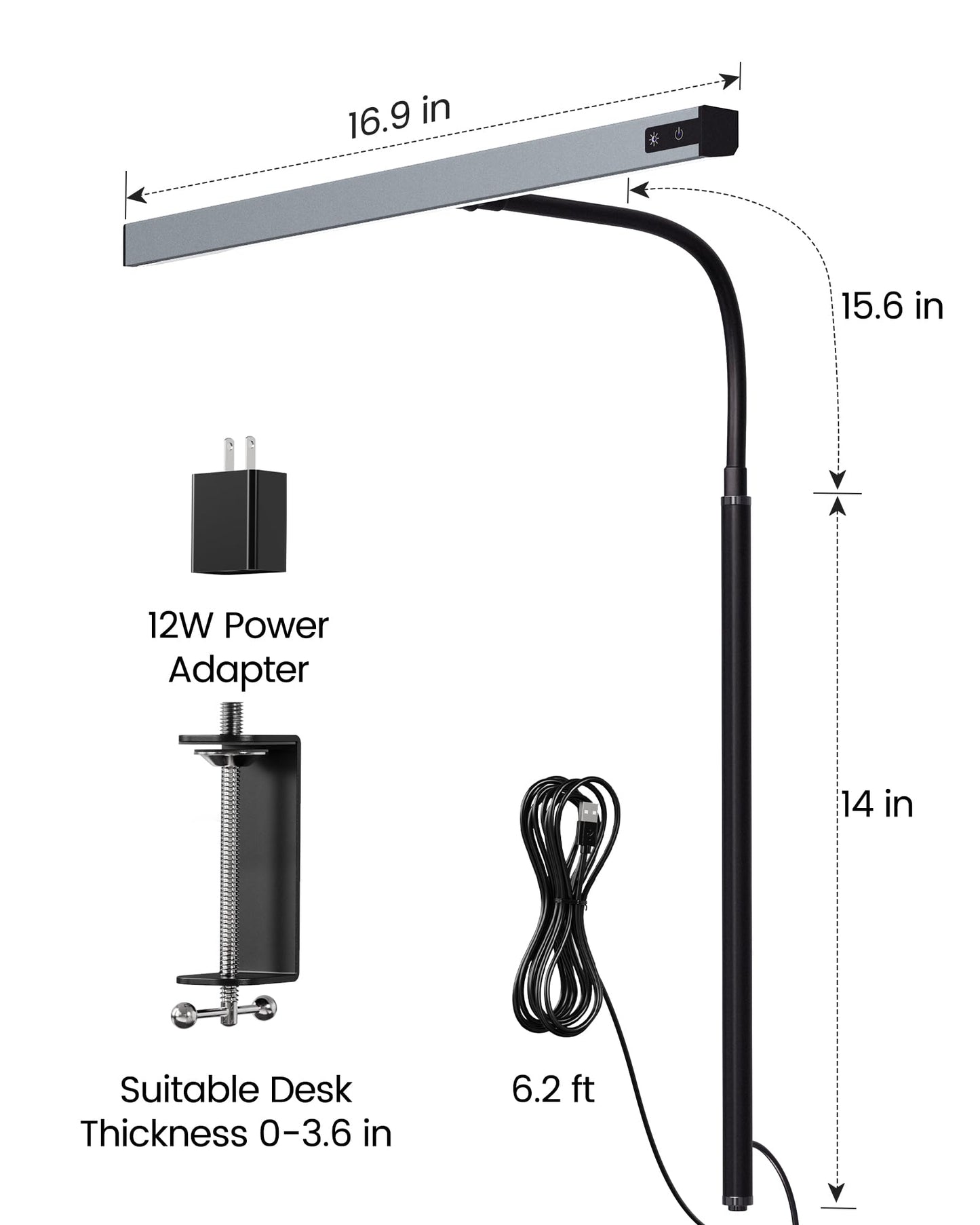 SUPERDANNY LED Desk Lamp for Office Home, Eye-Caring Desk Light with Adjustable Gooseneck, 12W Touch Control Dimmable Brightness, Architect Clamp Lamp with USB Adapter, Grey