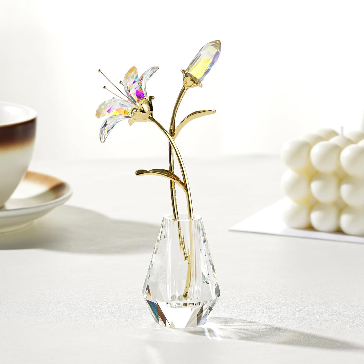 RONG KRISTO Crystal Lily Figurine, Glass Flowers with Stem,Flower Collectible Gifts for Woman, Wedding Party Decor(Transparent)