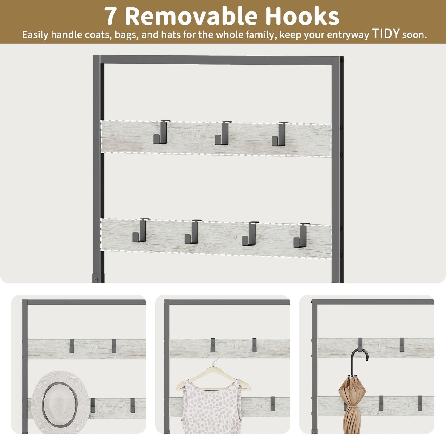 Hall Tree with Shoe Storage Bench - Entryway Bench with Coat Rack and Hooks - 3-in-1 Small Hall Tree for Entry Way, Entrance, Hallway, Doorway, Front Door, Mudroom, Small Space - Greige