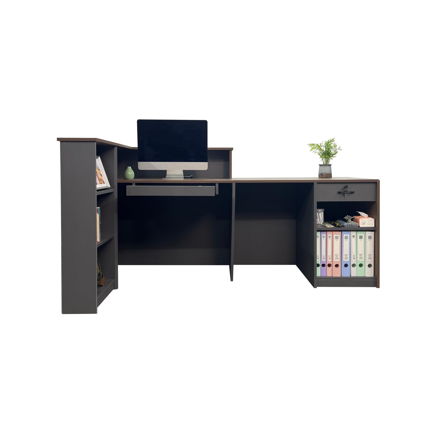 JYUREO L-Shaped Reception Desk with Counter and Lockable Drawers and Storage,Modern Front Desk Reception Counter for Checkout, Lobby, Beauty Salon (R-Walnut & Graphite Finish, 78.74inx39.4inx39.4in)